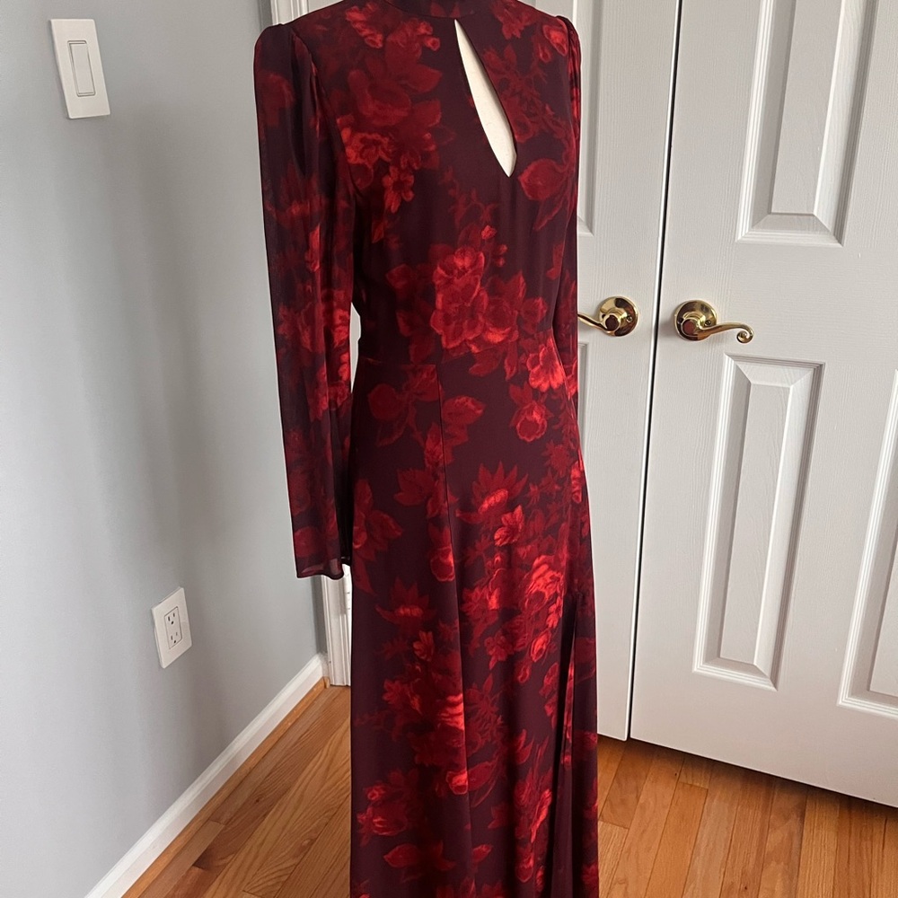 Reformation Red and Black Long Sleeve Gown with Bishop Sleeves and Cut Out